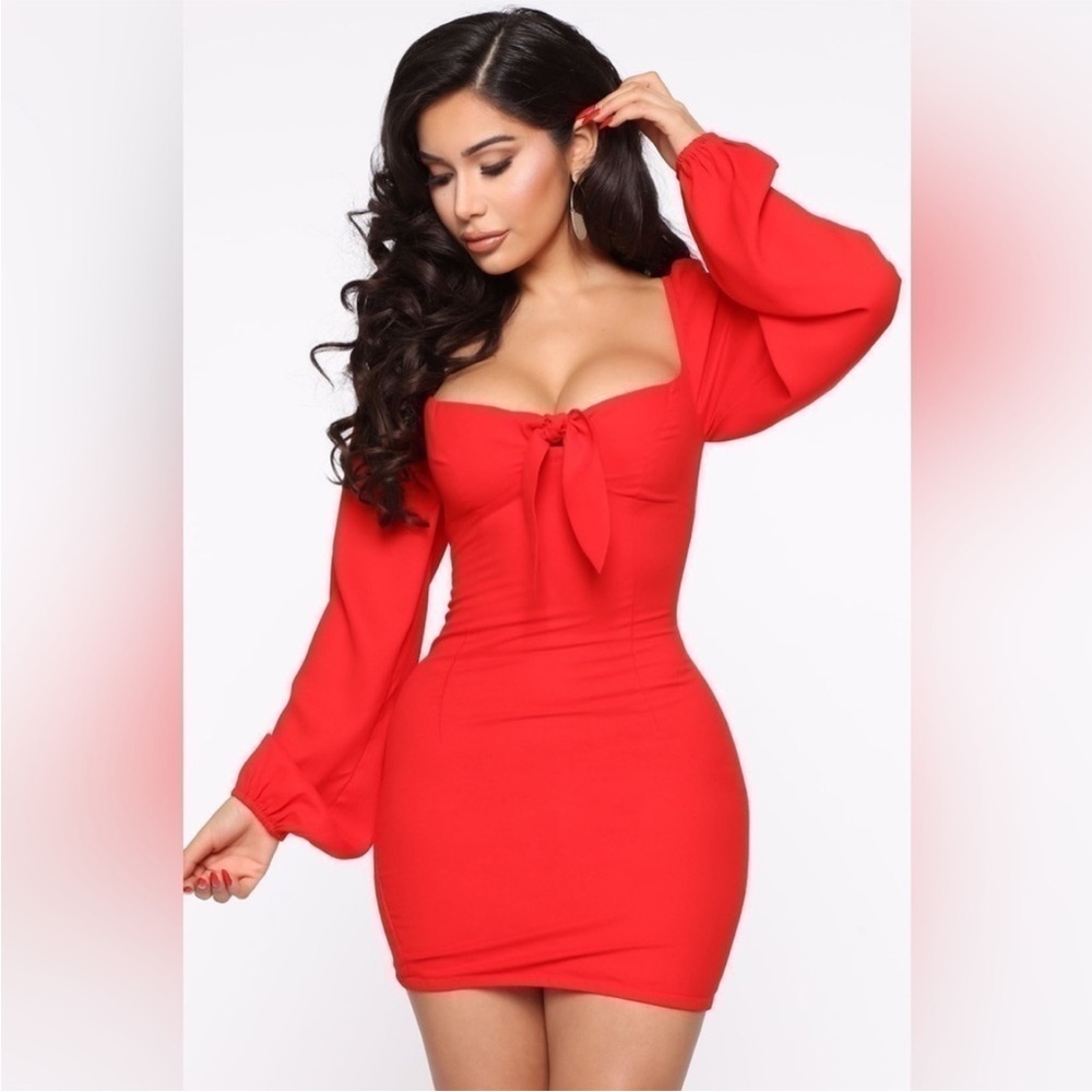 NWOT FN red puff long sleeve mini dress